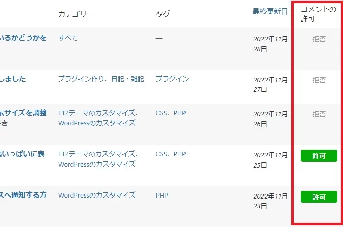 管理画面の投稿一覧にコメントが許可されているかどうかを表示する方法|Personal WP Customization Notes (PWCN)